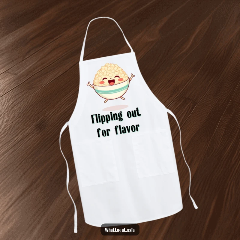 Funny apron depicting a happy bowl of rice with tiny legs, joyfully jumping, ready to add cheerful energy to any kitchen task.