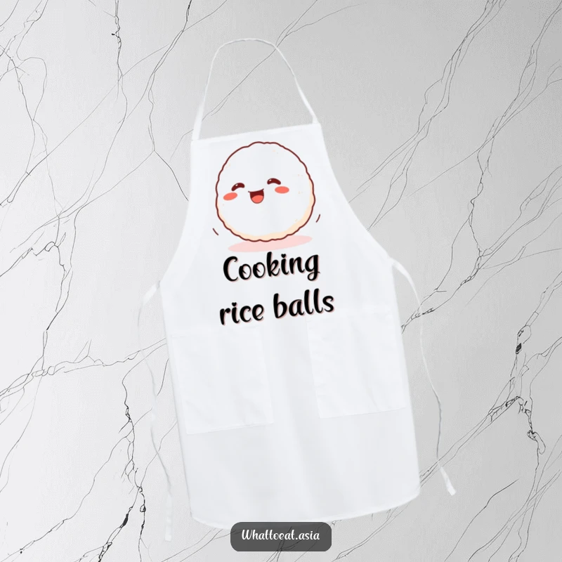 Funny Onigiri Apron featuring a wiggling onigiri ball rolling with glee, a playful and practical accessory for any kitchen enthusiast.