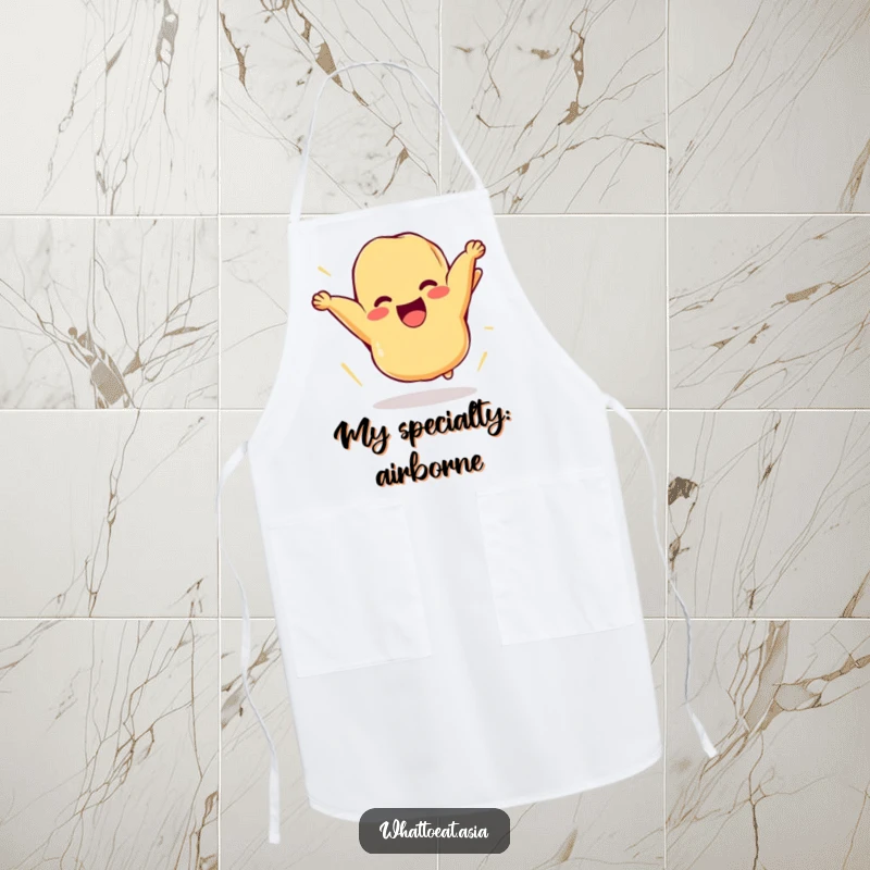 Funny apron depicting a cheerful piece of tempura comically flipping itself in the air, ready to add energetic fun to any kitchen task.