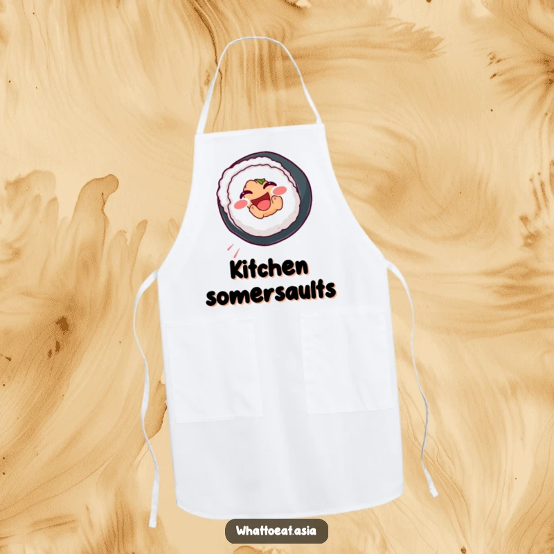 Funny Sushi Apron featuring a smiling sushi roll mid-somersault, a playful and practical accessory for any kitchen enthusiast.