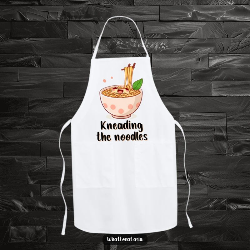 Funny Ramen Apron showing a jubilant ramen bowl with chopsticks stirring, perfect for chefs and home cooks who love a good laugh.