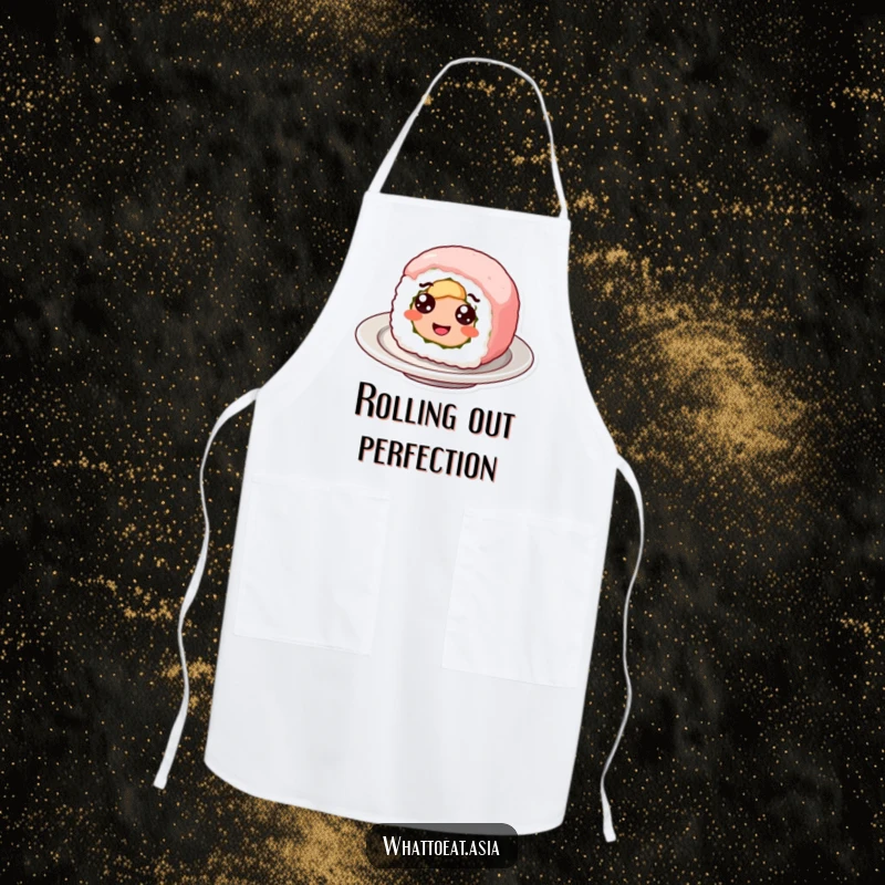 Funny apron depicting a smiling sushi roll with googly eyes, happily spinning, ready to add playful energy to any cooking session.