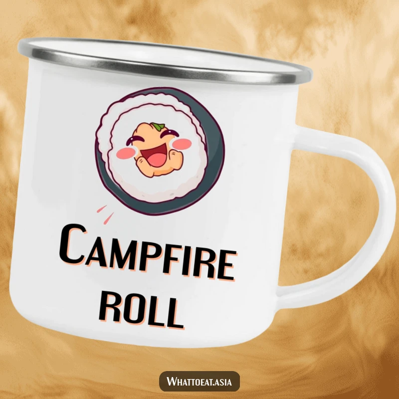 Funny Sushi Camping Mug featuring a smiling sushi roll doing a joyful somersault, perfect for enjoying drinks during outdoor activities.