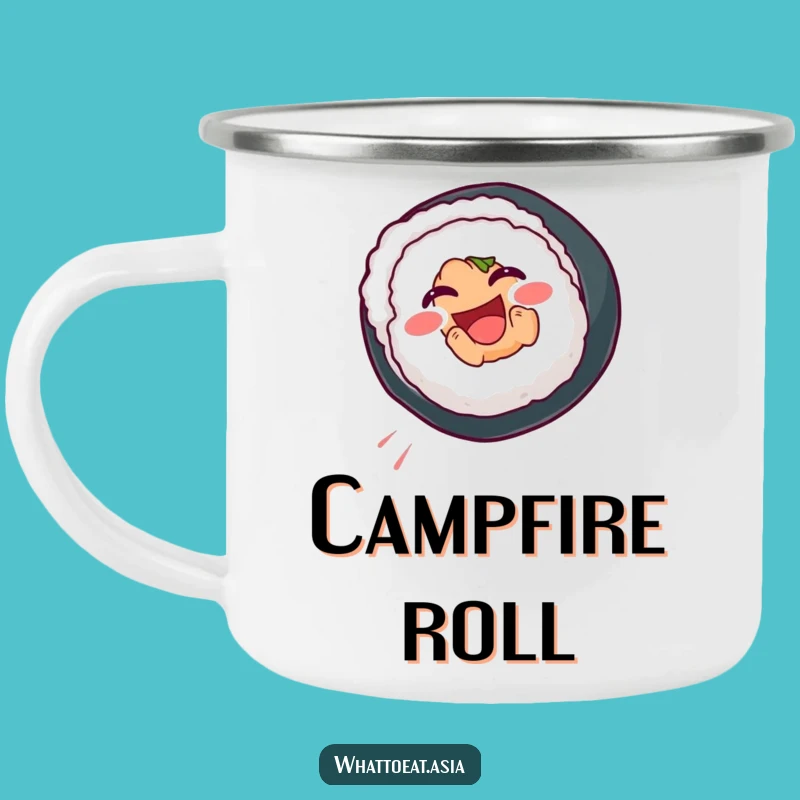 Funny Sushi Camping Mug: Happy Roll Somersault, Outdoor Adventure Gift!
