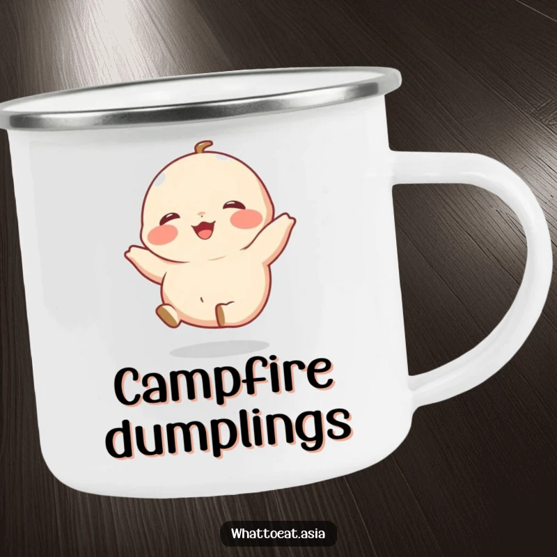 Funny Dumpling Camping Mug featuring a giggling dumpling with tiny legs kicking happily, perfect for enjoying drinks during outdoor activities.