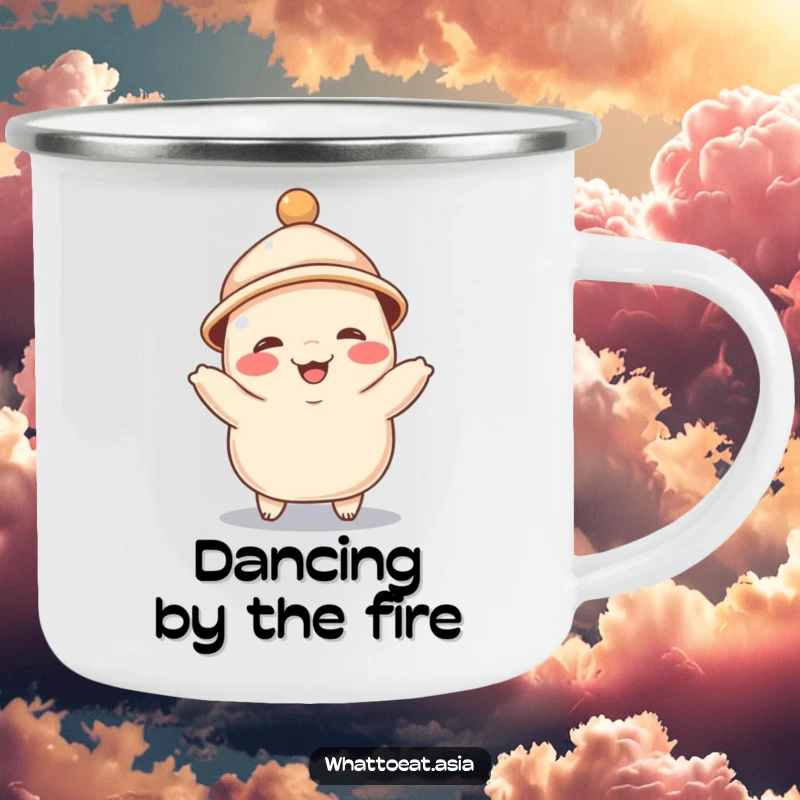 Funny camping mug featuring a giggling dumpling wearing a tiny hat, joyfully dancing, perfect for enjoying drinks with a humorous twist.