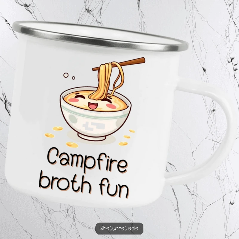 Funny Ramen Camping Mug: A mischievous ramen bowl giggling while splashing tiny broth droplets, ready for outdoor fun.