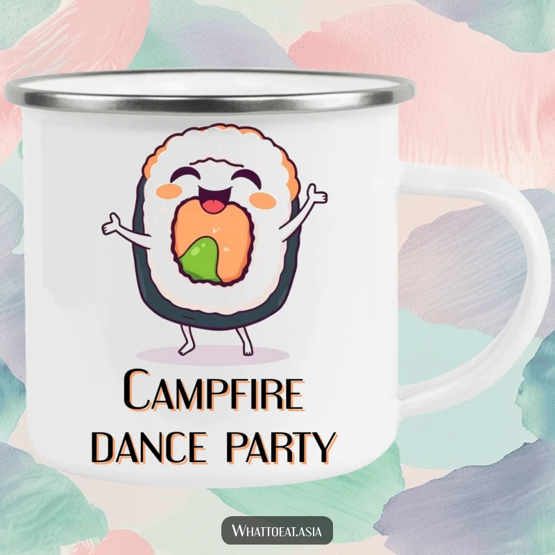 Funny Sushi Roll Camping Mug: A laughing sushi roll doing a funny little dance with happy wiggles, ready for outdoor fun.