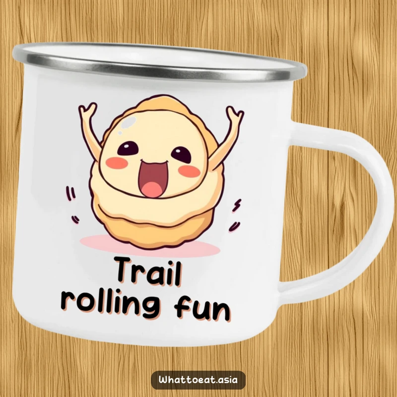Funny Takoyaki Camping Mug: A delighted takoyaki rolling downhill with immense joy, ready for outdoor fun.