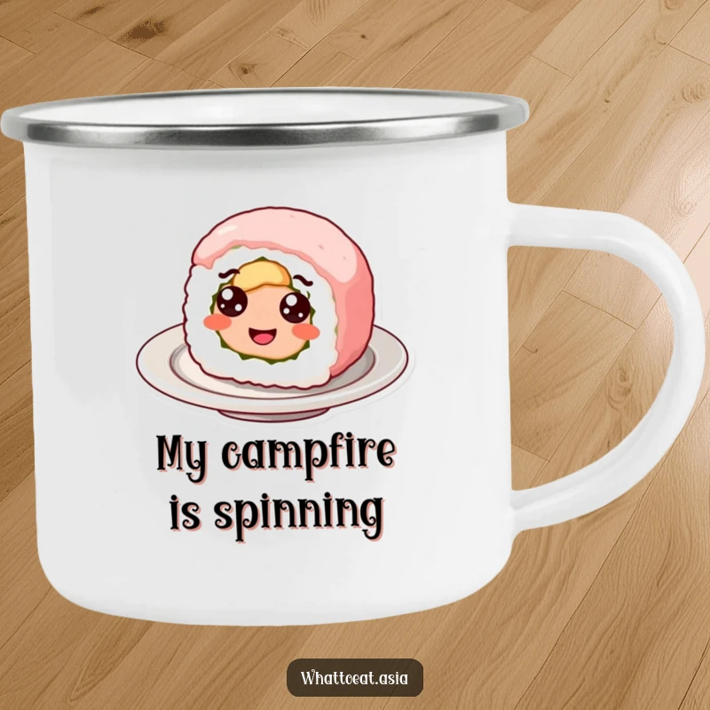 Funny camping mug featuring a smiling sushi roll with googly eyes, happily spinning, perfect for enjoying drinks with a humorous twist.