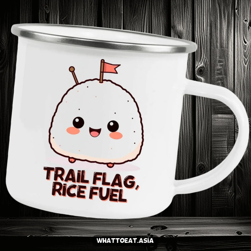 Funny camping mug featuring a smiling onigiri character waving a tiny flag, perfect for outdoor enthusiasts who love humor and cute designs.