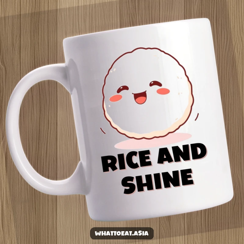 Funny Onigiri Mug depicting a wiggling onigiri ball rolling with glee, representing pure joy and a love for Japanese rice balls.