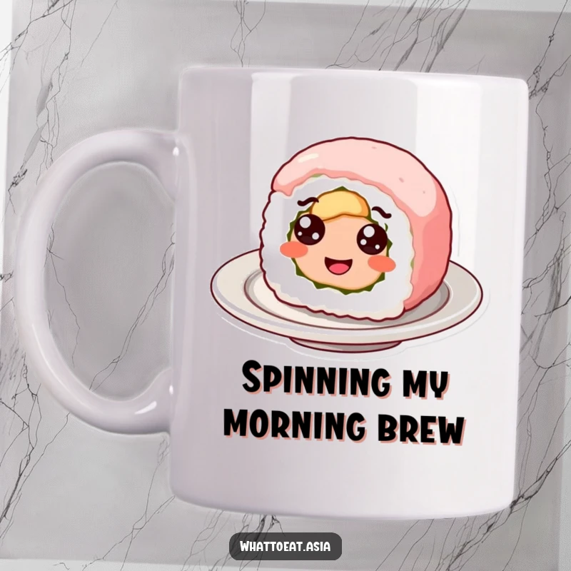 Funny mug featuring a smiling sushi roll with googly eyes, happily spinning on a plate, making breakfast a delightful and comical experience.