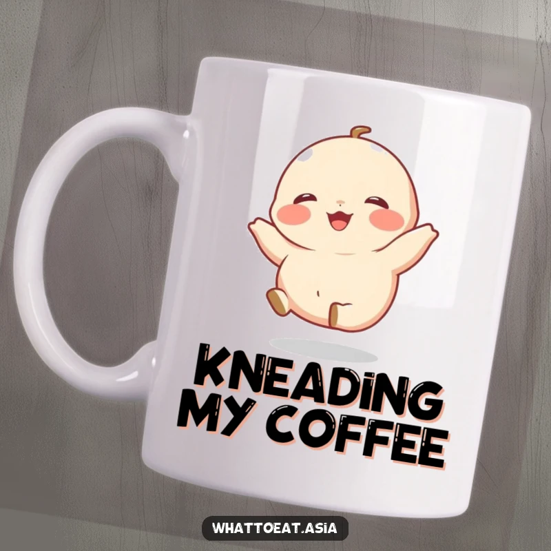 Funny Dumpling Mug depicting a giggling dumpling with tiny legs kicking happily, representing pure joy and deliciousness.