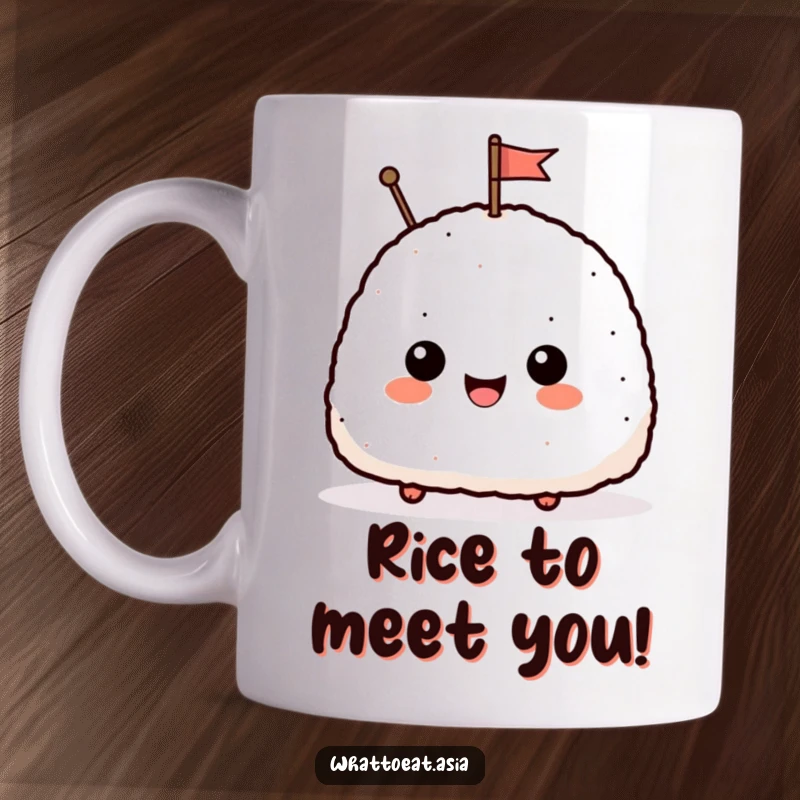 Funny mug featuring a delighted onigiri character with a small smile, enthusiastically waving a tiny flag, bringing joy and laughter.