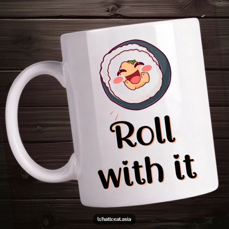 Funny Sushi Roll Mug showing a smiling sushi roll performing a joyful somersault, capturing playful energy and culinary delight.