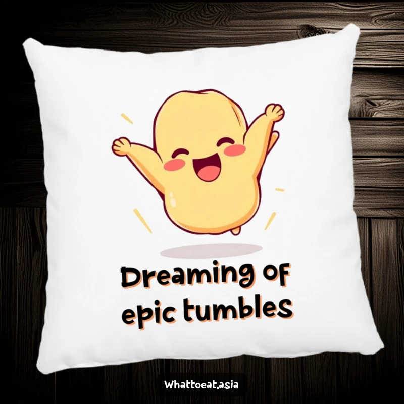 Funny pillow designed as a cheerful piece of tempura comically flipping itself in the air, offering soft comfort and playful food-themed amusement.