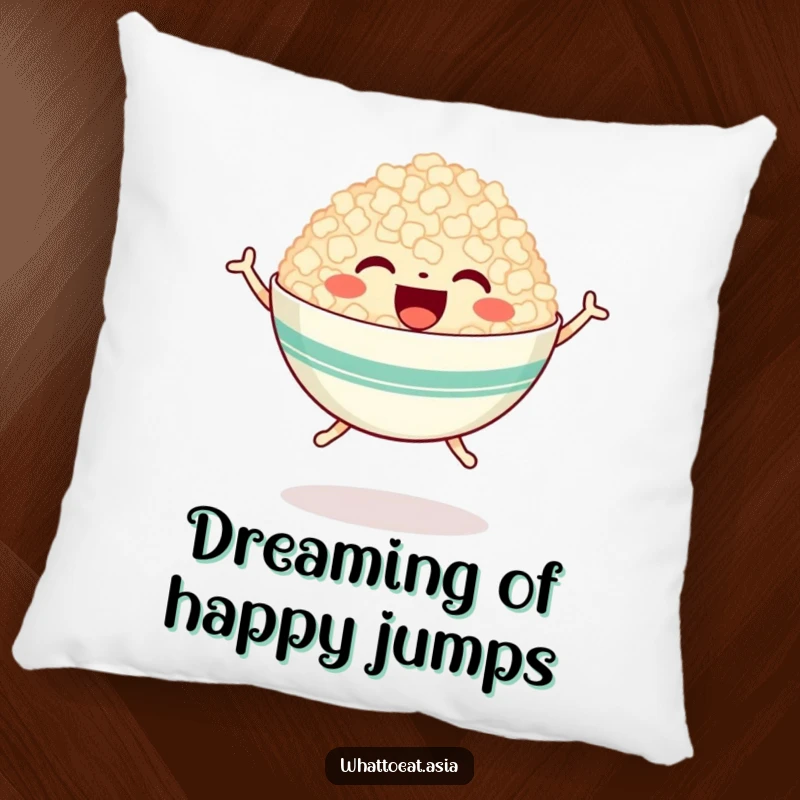 Funny pillow designed as a happy bowl of rice with tiny legs, joyfully jumping, offering soft comfort and a cheerful food-themed presence.