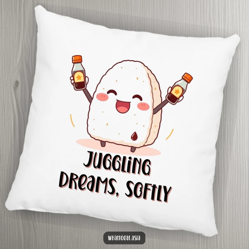 Funny Onigiri Pillow: A cheerful onigiri juggling soy sauce bottles, bringing playful culinary humor to your cozy space.