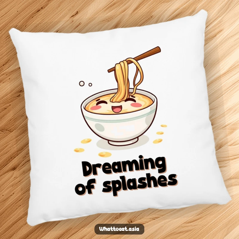 Funny Ramen Pillow: A mischievous ramen bowl giggling and splashing tiny broth droplets, perfect for cozying up.