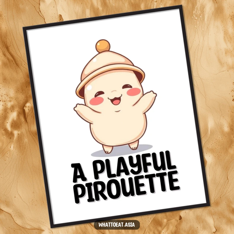 Funny digital art of a giggling dumpling wearing a tiny hat, joyfully dancing, perfect for adding playful and humorous food-themed decor.