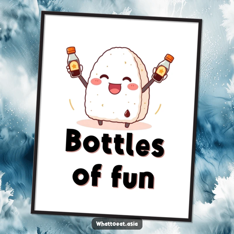 Funny Onigiri Digital Art Print: A cheerful onigiri enthusiastically juggling three small soy sauce bottles with playful energy.