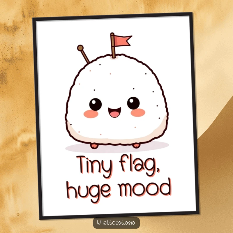 Funny digital art print of a delighted onigiri illustration, smiling and waving a tiny flag, instantly downloadable for cheerful home decor.
