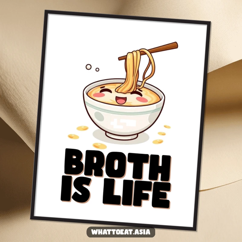 Funny Ramen Digital Art Print: A mischievous ramen bowl giggling while splashing tiny broth droplets, full of playful energy.