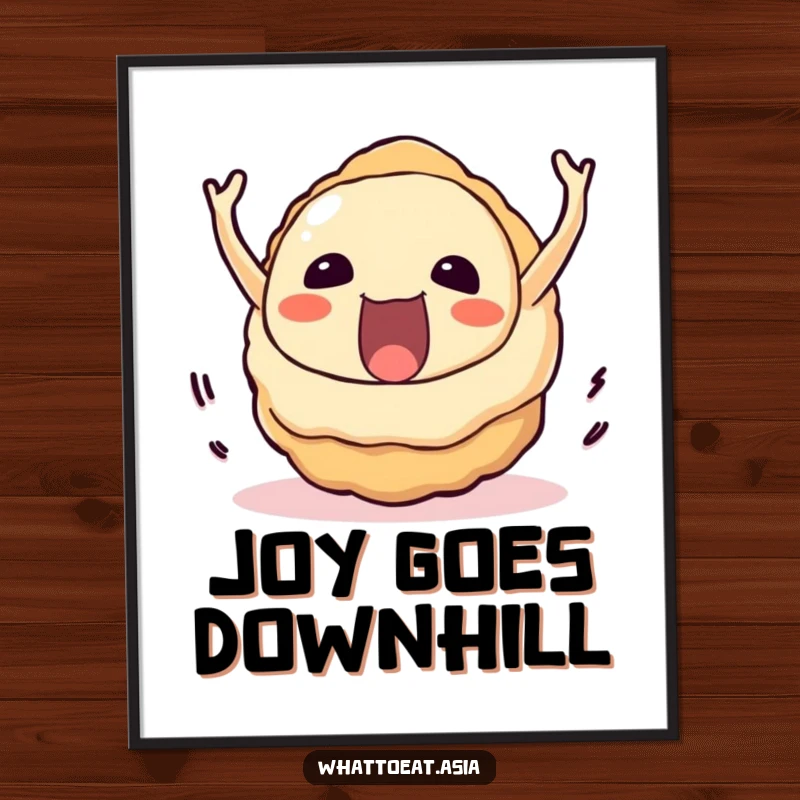 Funny Takoyaki Digital Art Print: A delighted takoyaki rolling downhill with immense joy, full of adventurous spirit.