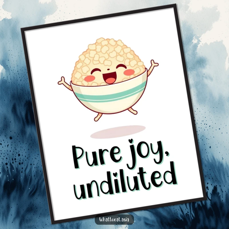 Funny digital art of a happy bowl of rice with tiny legs, joyfully jumping, perfect for bringing cheerful and playful food energy home.