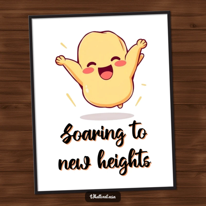 Funny digital art of a cheerful piece of tempura comically flipping itself in the air, perfect for adding playful and humorous food-themed decor.