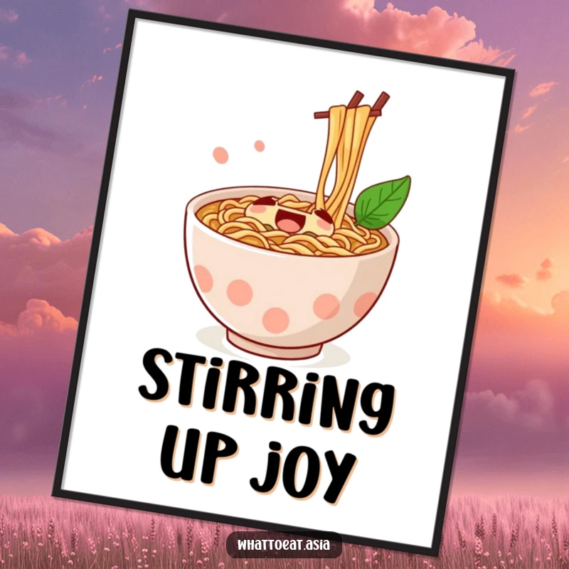 Funny Ramen Digital Art Print of a jubilant ramen bowl with chopsticks stirring, offering a burst of cheerful, food-themed digital art.