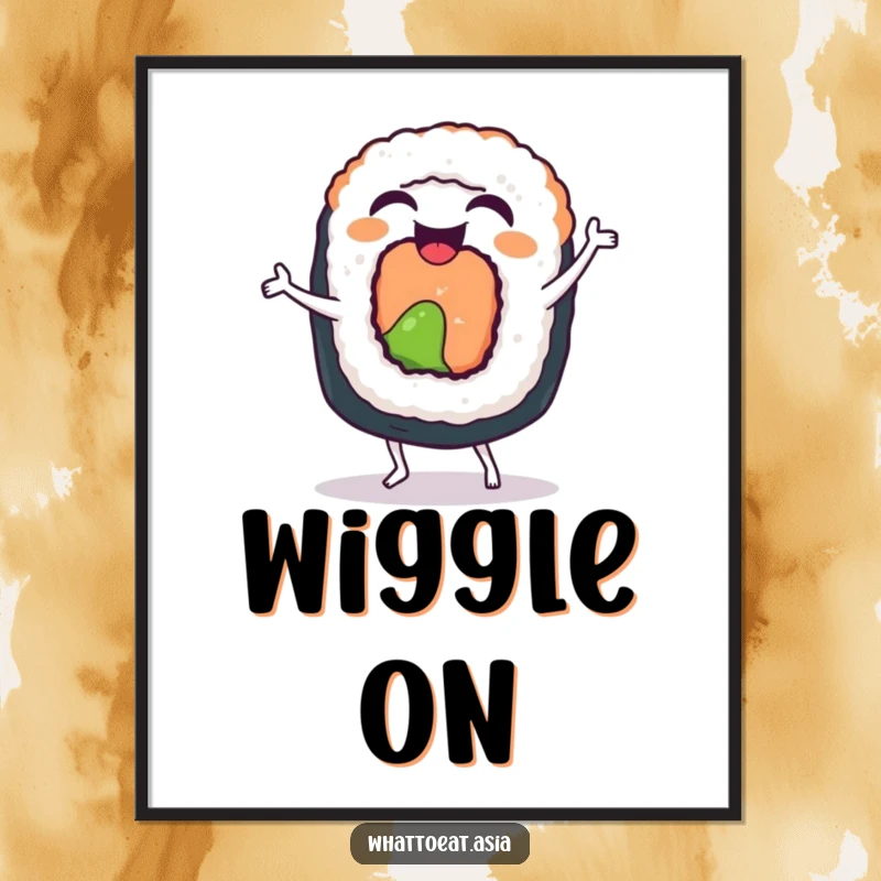 Funny Sushi Roll Digital Art Print: A laughing sushi roll doing a funny little dance with happy wiggles, full of energy.