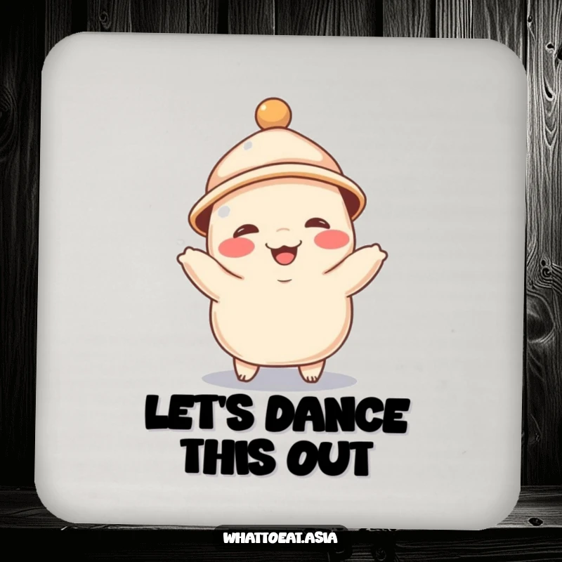 Funny coaster featuring a giggling dumpling wearing a tiny hat, joyfully dancing, adding playful food-themed protection to any surface.