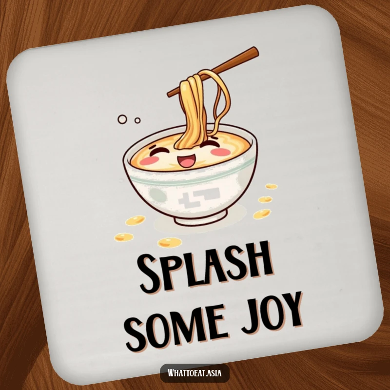 Funny Ramen Coaster: A mischievous ramen bowl giggling and splashing tiny broth droplets, adding playful decor.