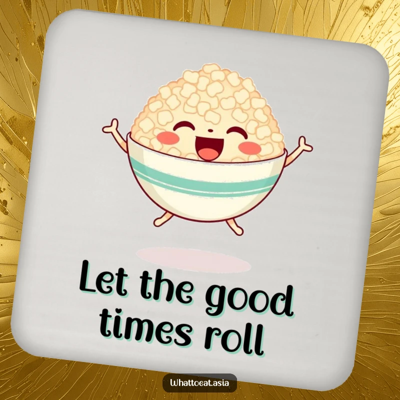 Funny coaster featuring a happy bowl of rice with tiny legs, joyfully jumping, adding a touch of cheerful food-themed protection.