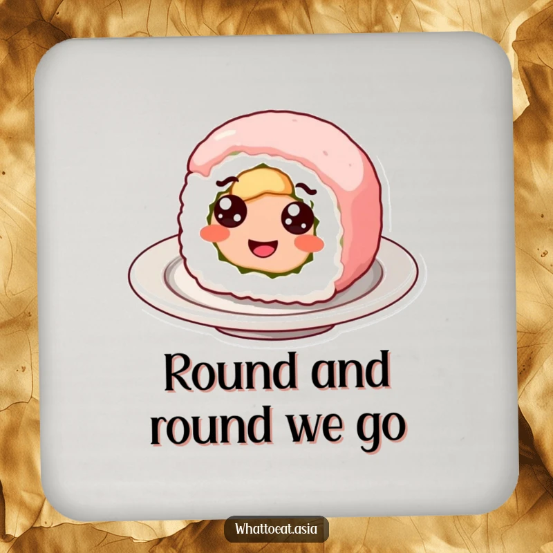 Funny coaster featuring a smiling sushi roll with googly eyes, happily spinning, adding playful food-themed protection to any surface.