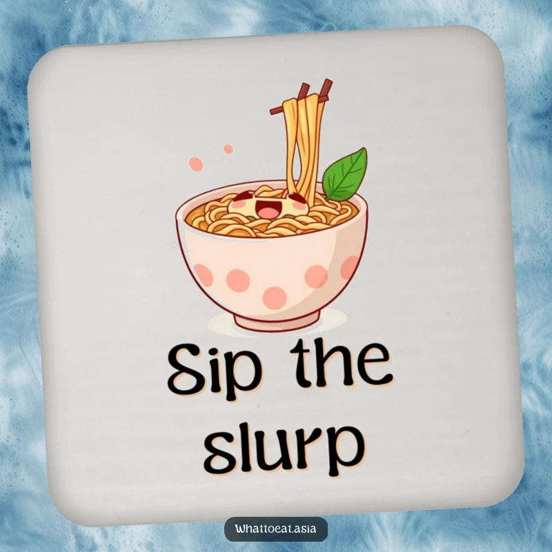Funny Ramen Coaster depicting a jubilant ramen bowl with chopsticks stirring, safeguarding surfaces with a touch of food-themed humor.