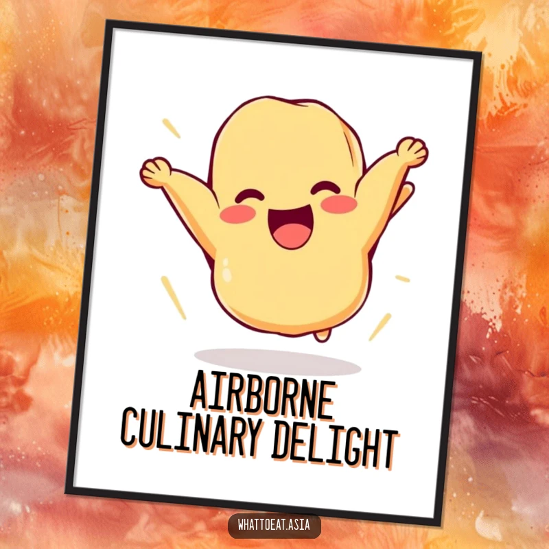 Funny poster artwork of a cheerful piece of tempura comically flipping itself in the air, adding energetic and delicious food humor to any room.