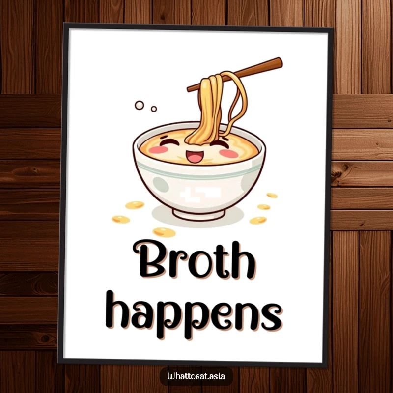 Funny Ramen Poster: A mischievous ramen bowl giggling and splashing tiny broth droplets, creating a humorous and lively food art piece.