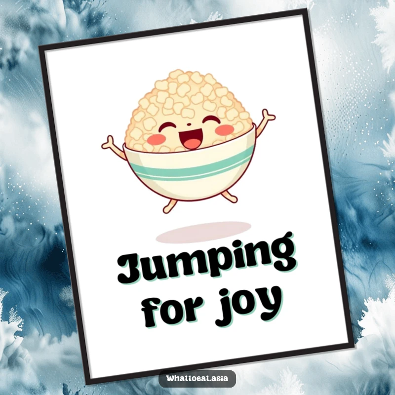 Funny poster artwork of a happy bowl of rice with tiny legs, joyfully jumping, bringing vibrant energy and cute food humor to any wall.