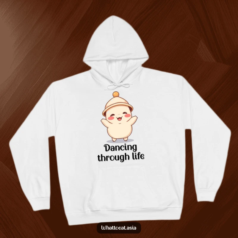 Funny hoodie featuring a giggling dumpling wearing a tiny hat, joyfully dancing, offering cozy comfort and a dose of playful, food-themed amusement.