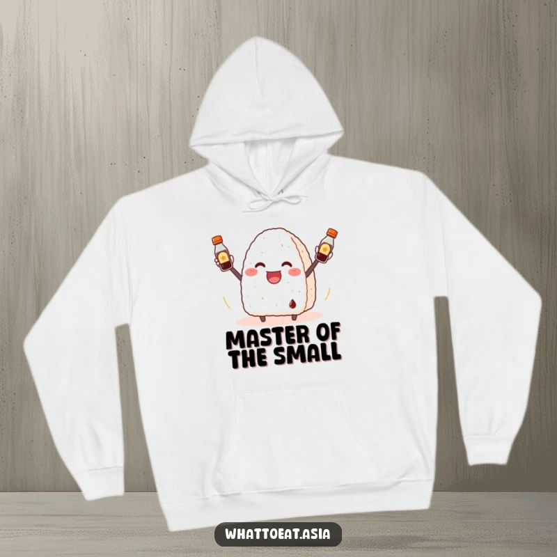 Funny Onigiri Hoodie: A cheerful onigiri enthusiastically juggling three small soy sauce bottles, bringing playful vibes.