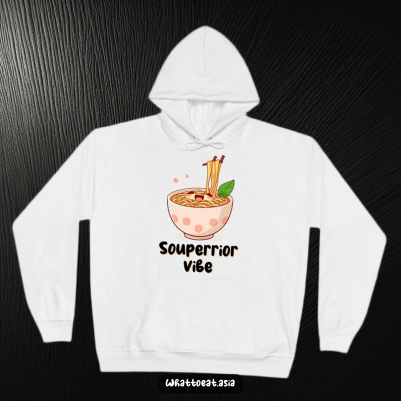 Funny Ramen Hoodie depicting a jubilant ramen bowl being enthusiastically stirred by chopsticks, symbolizing warmth and comfort.