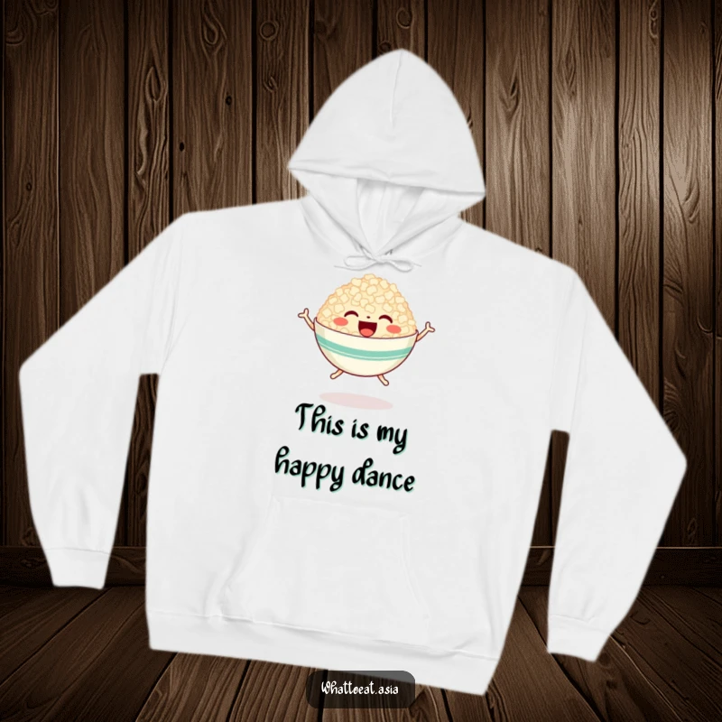 Funny hoodie showcasing a cheerful bowl of rice with tiny legs, joyfully jumping, offering cozy comfort and playful food-inspired fun.