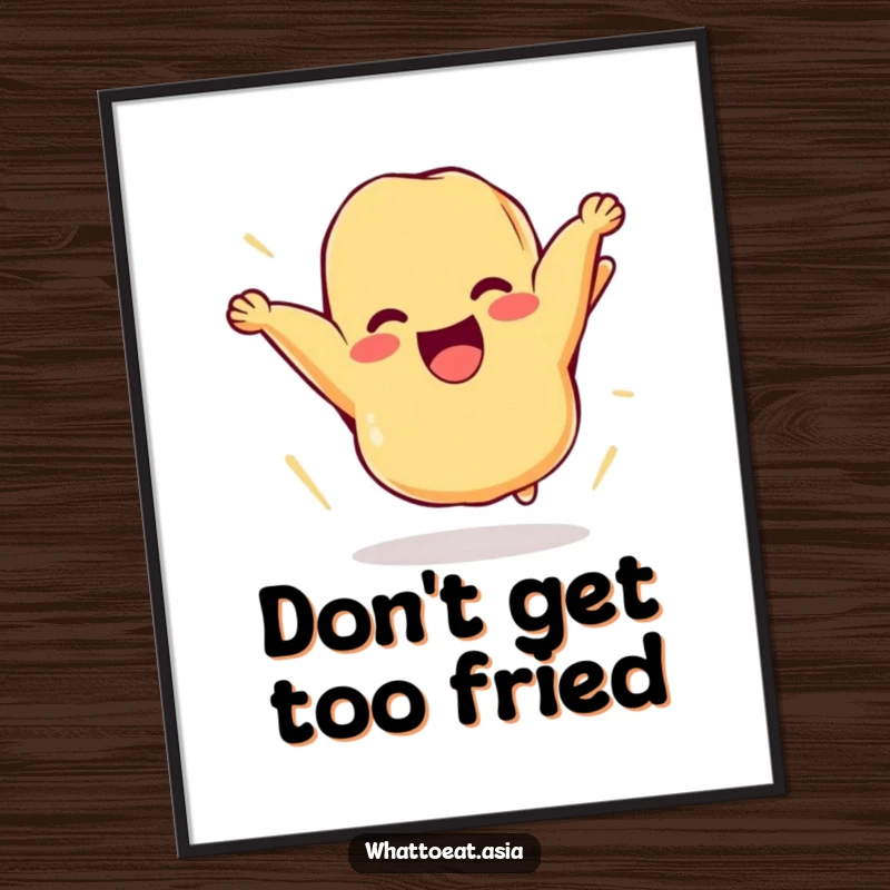 Funny free printable wall art of a cheerful piece of tempura comically flipping itself high in the air.