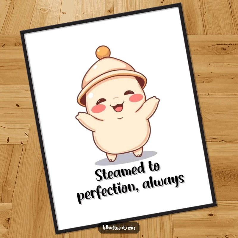 Funny free printable wall art of a giggling dumpling wearing a tiny hat, joyfully doing a little dance.