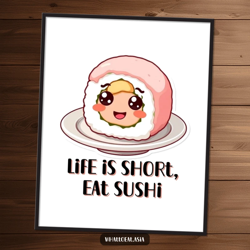 Funny free printable wall art of a smiling sushi roll with googly eyes, in a happy, spinning motion on a plate.