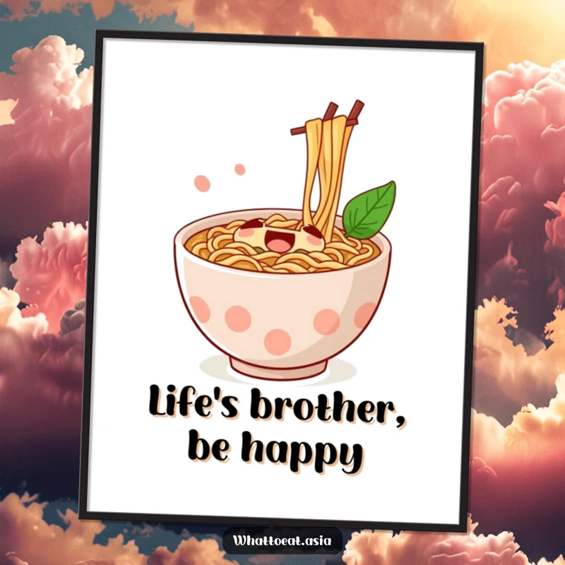 Funny free printable wall art: a jubilant bowl of ramen with chopsticks stirring excitedly, bringing playful energy to any room.