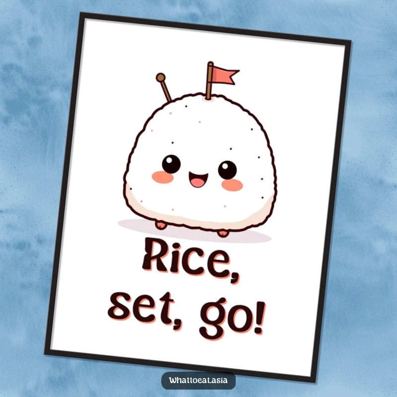 Funny Free Printable Wall Art: A smiling onigiri character enthusiastically waving a small flag, perfect for playful decor.